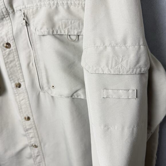 Quest Vented Back Long Sleeve Fishing Button Up Shirt Nylon Zip Tan Men’s XL - Picture 7 of 12
